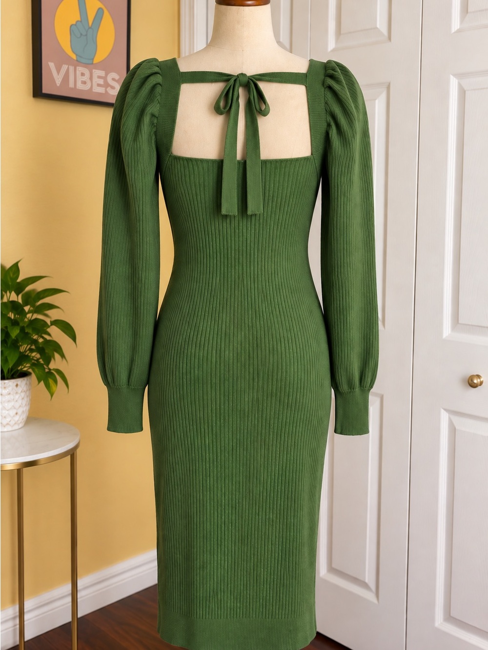 LEYDEN Olive Green Ribbed Knit Midi Dress Size Large Puff Sleeve Open Back NWT - Picture 3 of 10